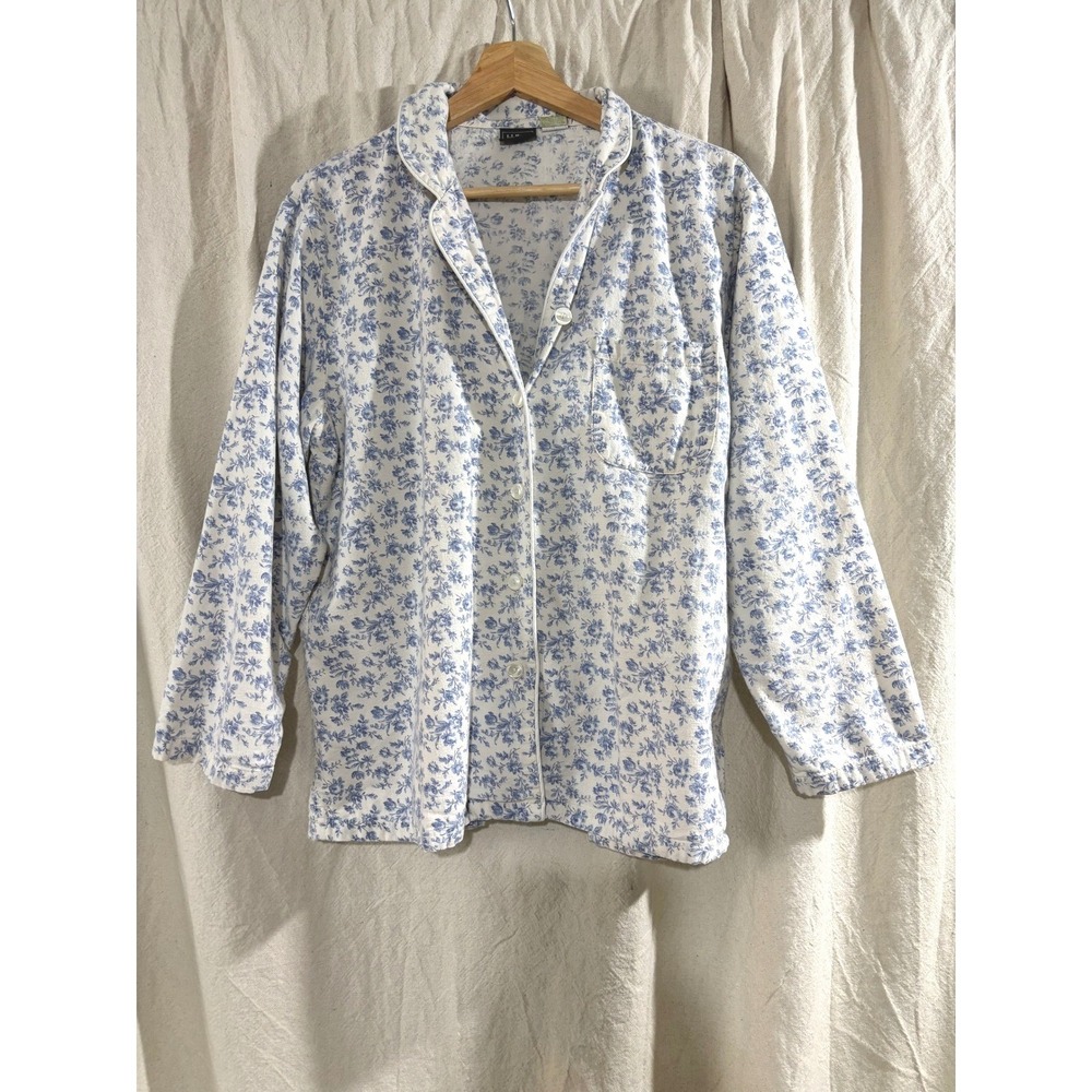Vintage LL Bean Flannel Sleep Shirt Blue Floral Pajama Top XL 90s Long Sleeve